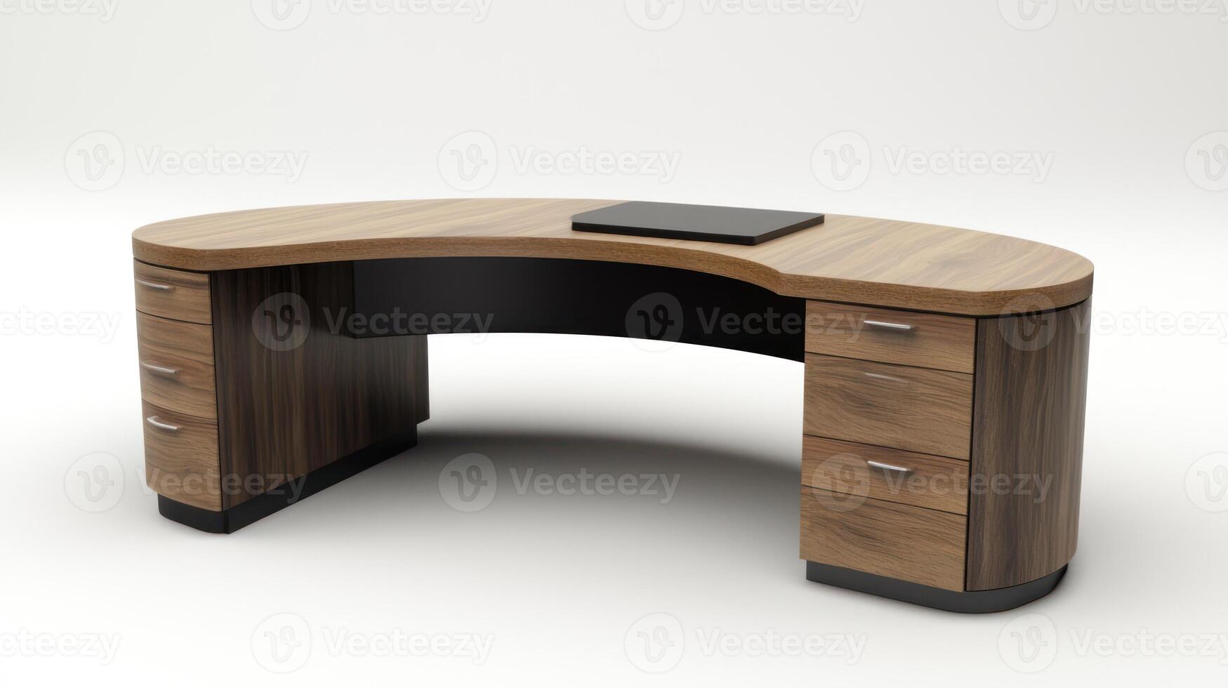 A modern, curved wooden office desk with a black top and drawers, placed against a white background. photo