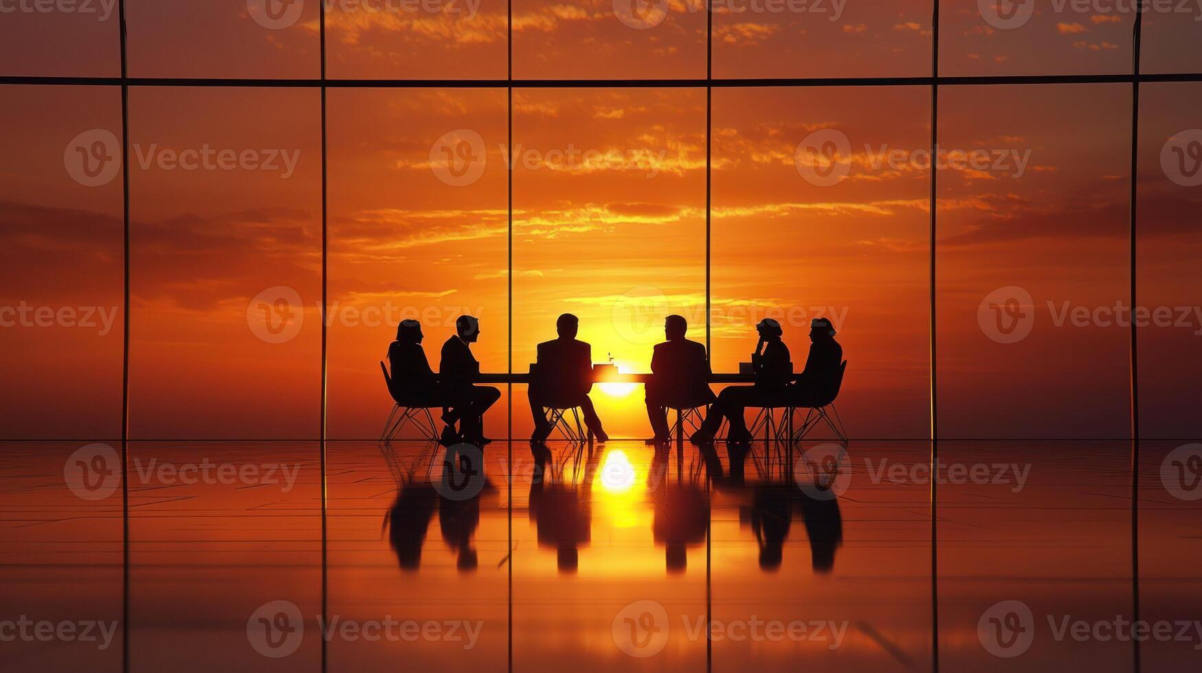 Silhouette of a business meeting in a modern office with a glass wall, featuring a group of five businesspeople in a meeting, with a sunset in the background. photo