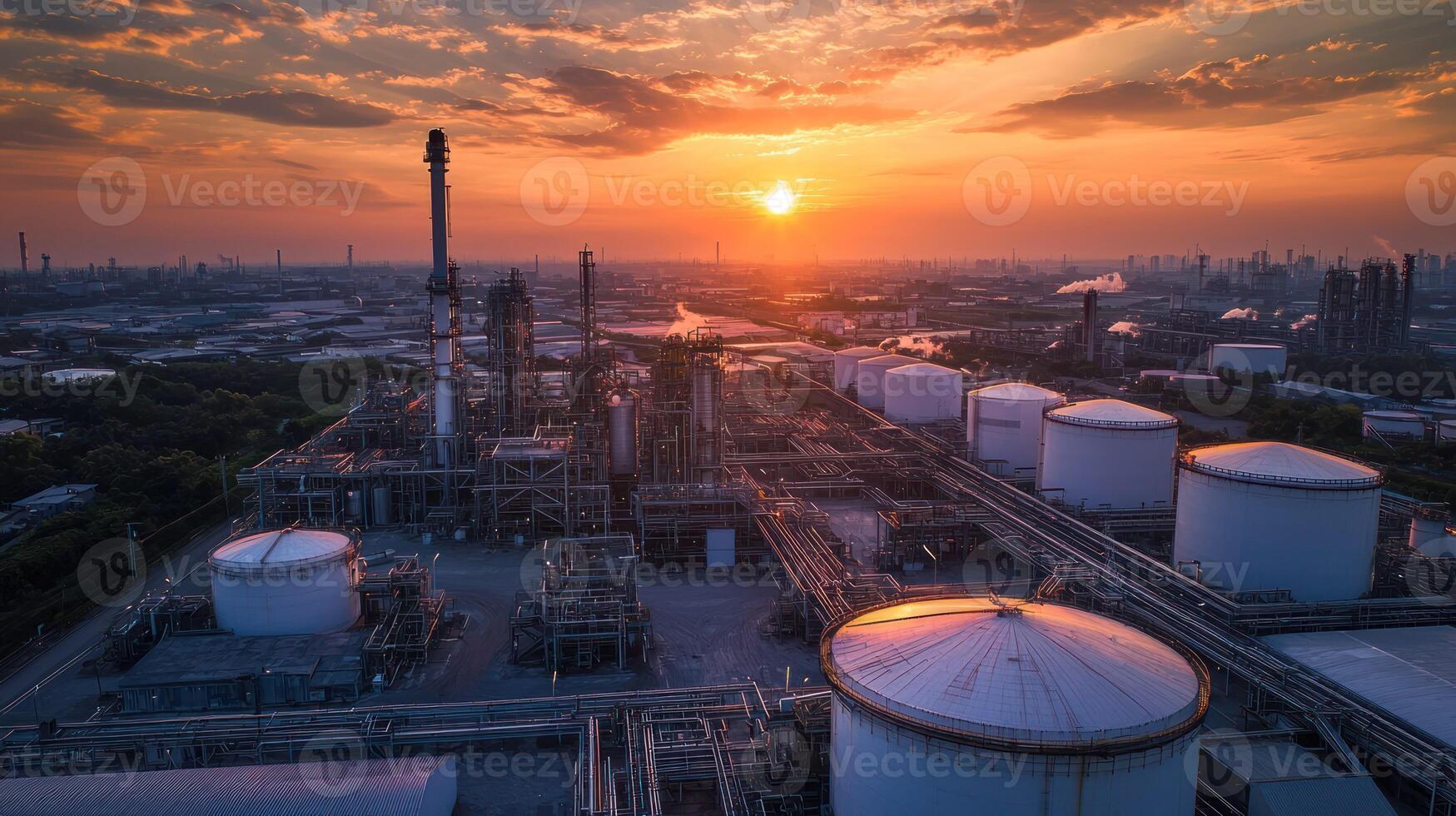 A large, industrial oil refinery with multiple tanks and pipelines at sunset, featuring a vibrant orange sky and a sun setting behind the horizon. photo