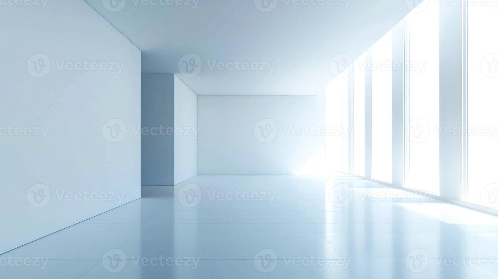 A minimalist, white, empty room with large windows, a clean, white floor, and a white wall. photo