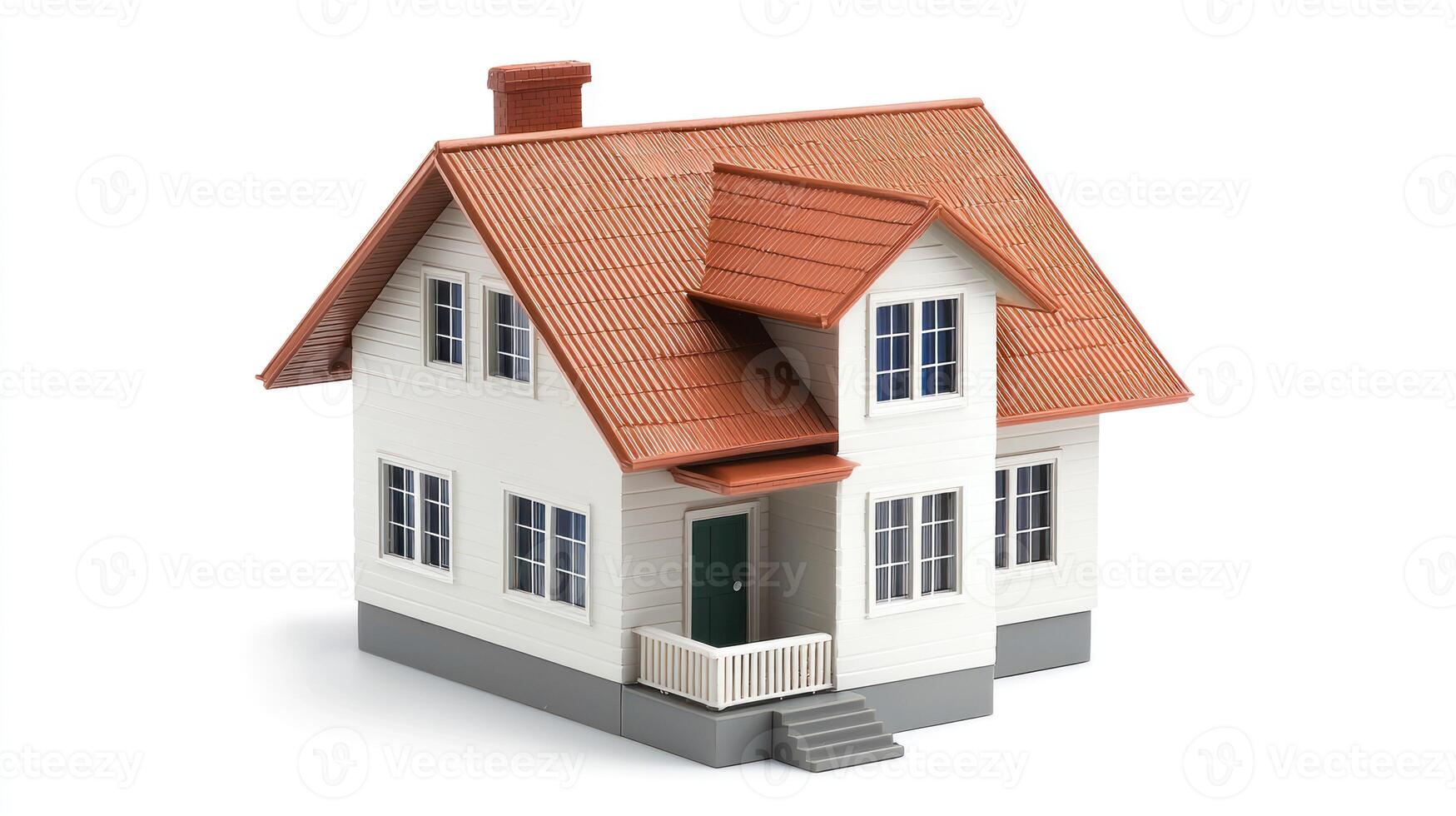 A white and red house with a gray roof and a green door, standing on a white background with a gray base. photo