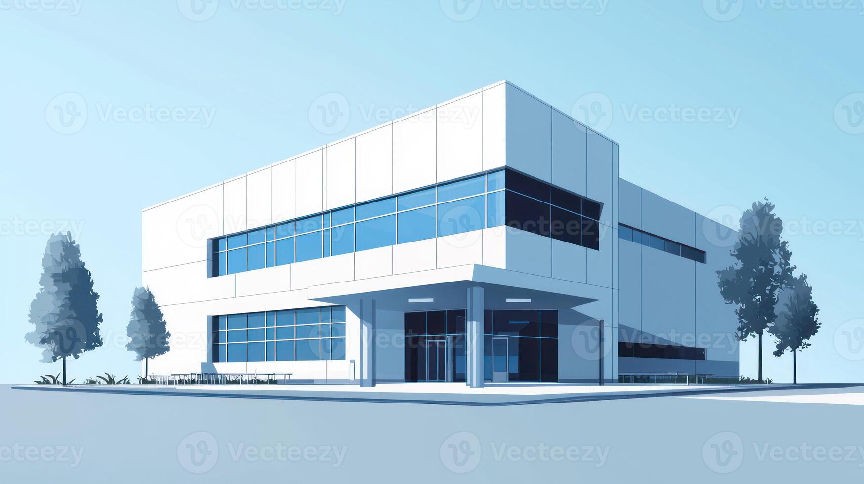 A modern, white office building with large glass windows and a flat roof, surrounded by trees and a clear blue sky. photo
