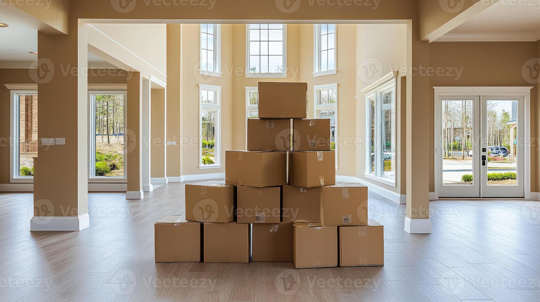 A stack of cardboard boxes in an empty room with large windows and beige walls. photo