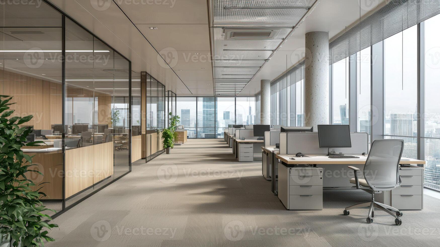 A spacious office with glass walls, desks, and chairs, featuring a modern design with large windows and a clean, minimalist aesthetic. photo