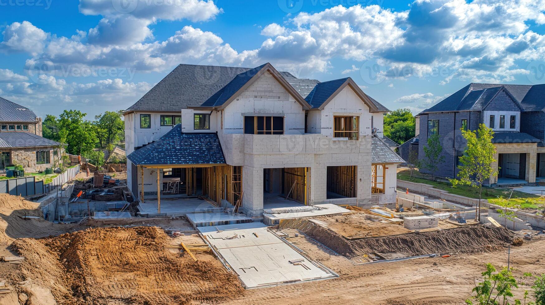 A residential construction site with a partially built house under construction, surrounded by a dirt field and a fence. photo