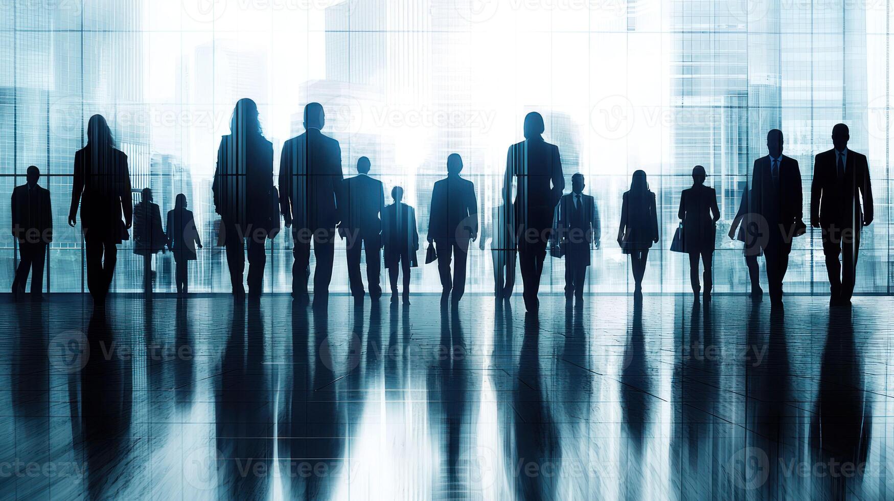 A group of business people standing in a modern office building, facing forward with serious expressions. photo