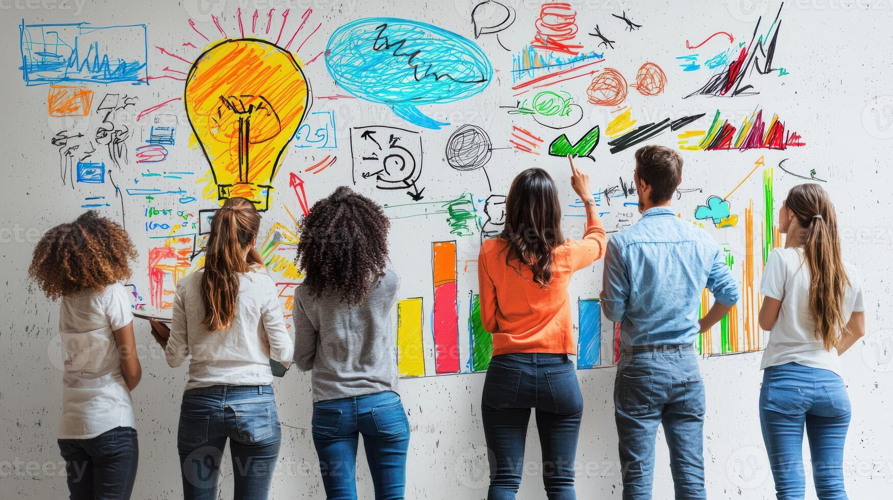 A group of six people standing in front of a colorful wall with various drawings and illustrations. photo