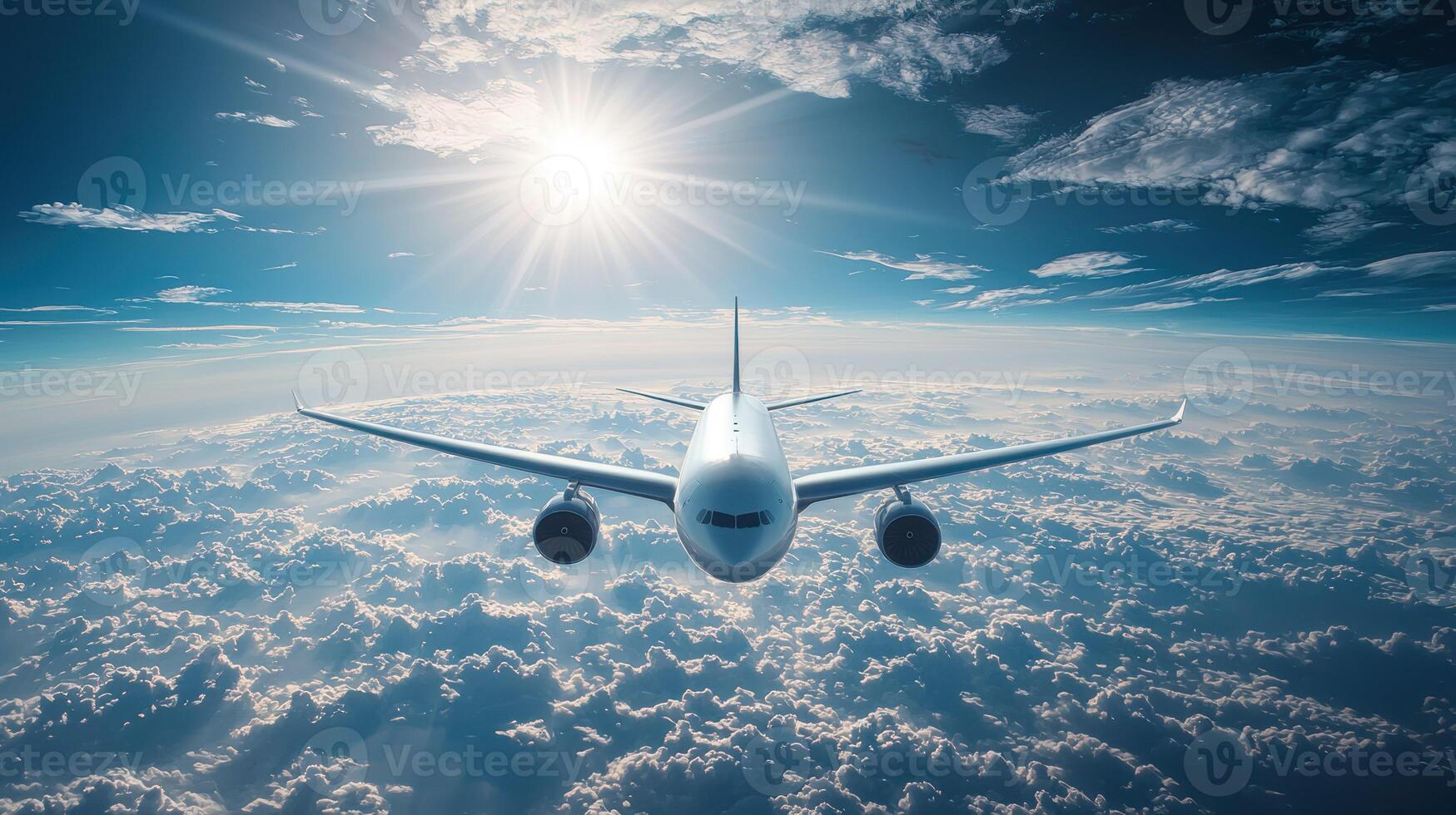 A white airplane flying high above the clouds with a bright sun shining through the clouds. photo