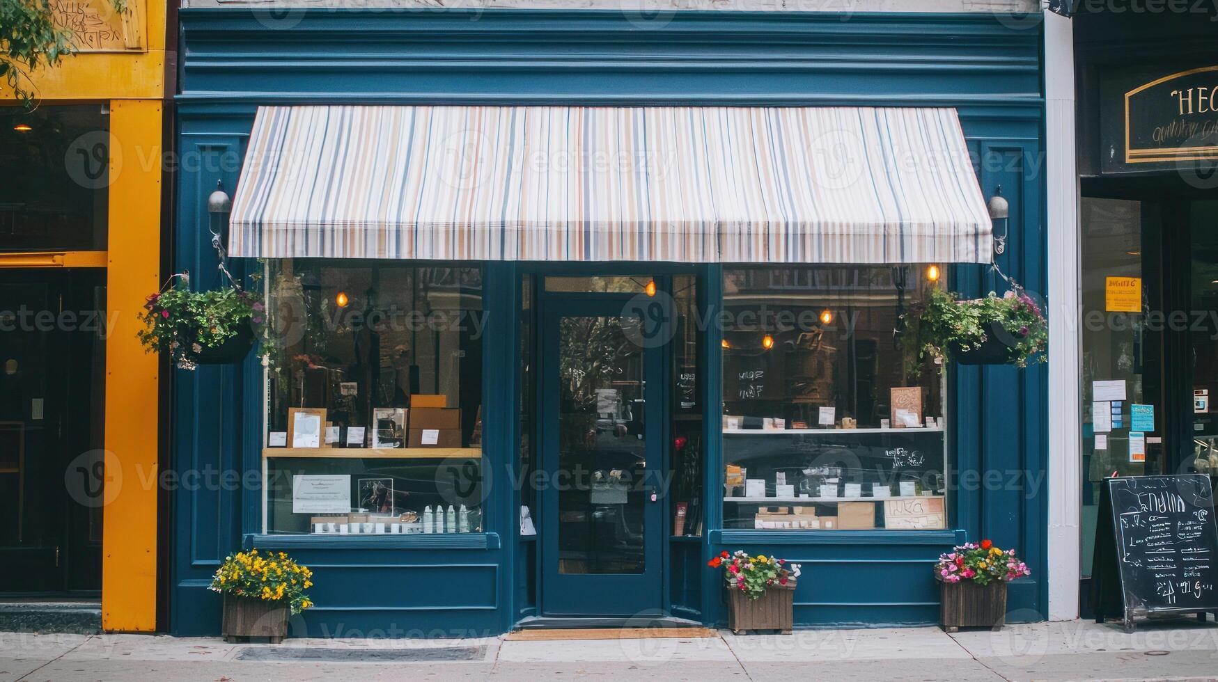 A blue and yellow storefront with striped awning, potted plants, and a chalkboard sign. photo