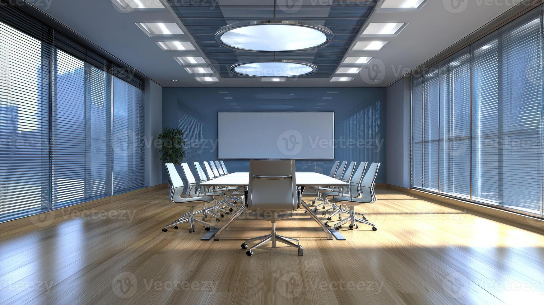 A modern, minimalist conference room with a blue wall, white ceiling, and large windows with blinds. photo