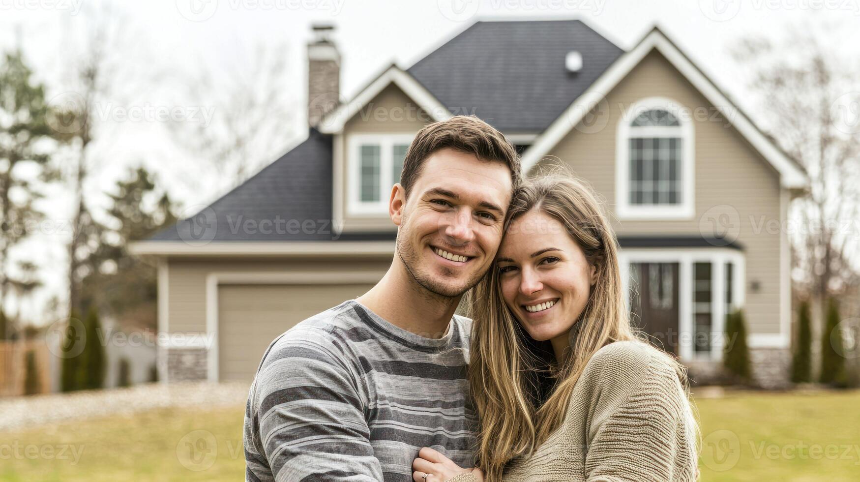 A young couple standing in front of a house, smiling and embracing, with a beige house in the background. photo