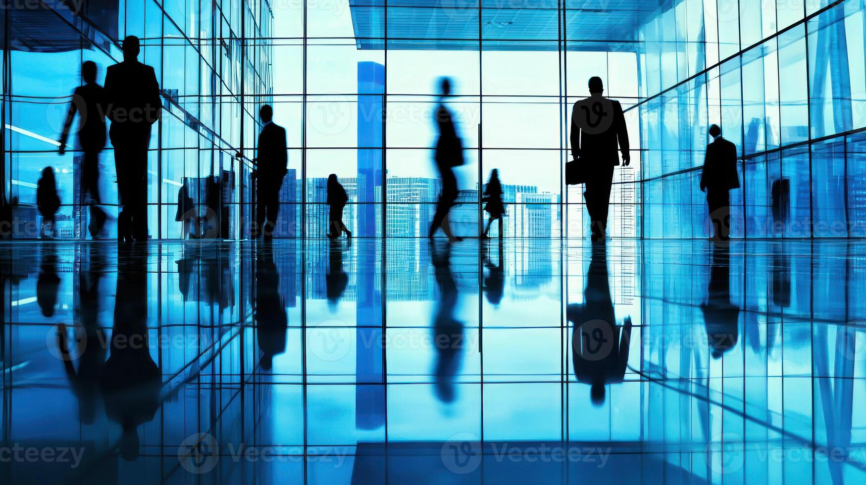 Silhouettes of business people walking through a modern glass corridor with blue lighting. photo