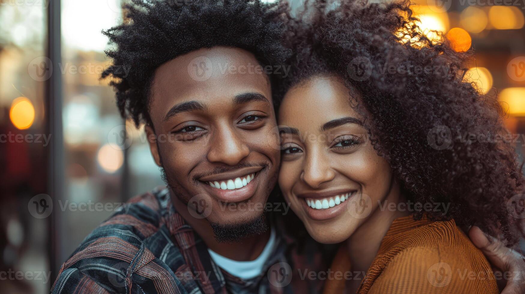 A smiling couple embracing in a cozy, dimly lit cafe with warm lighting and bokeh effect in the background. photo