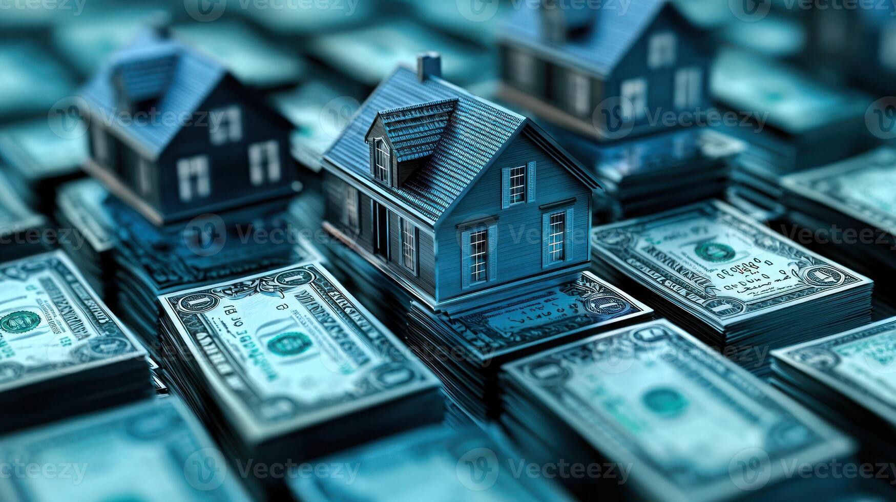 A miniature house model sitting on a pile of money, with a blue hue and a shadow effect. photo