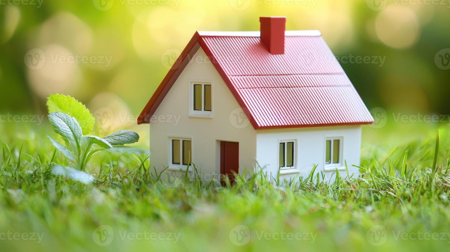A miniature model house with a red roof and white walls, placed on a green lawn with a blurred background. photo