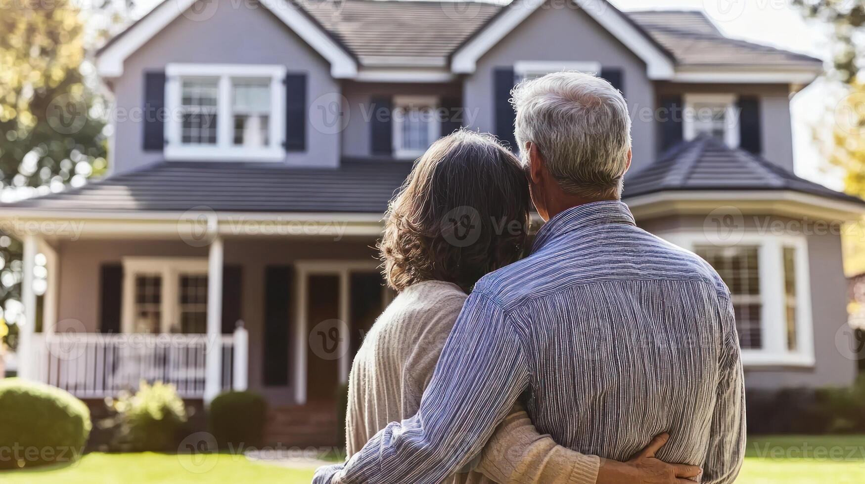A couple embracing in front of a large, elegant house with a green roof and white trim, surrounded by lush greenery and a clear blue sky. photo