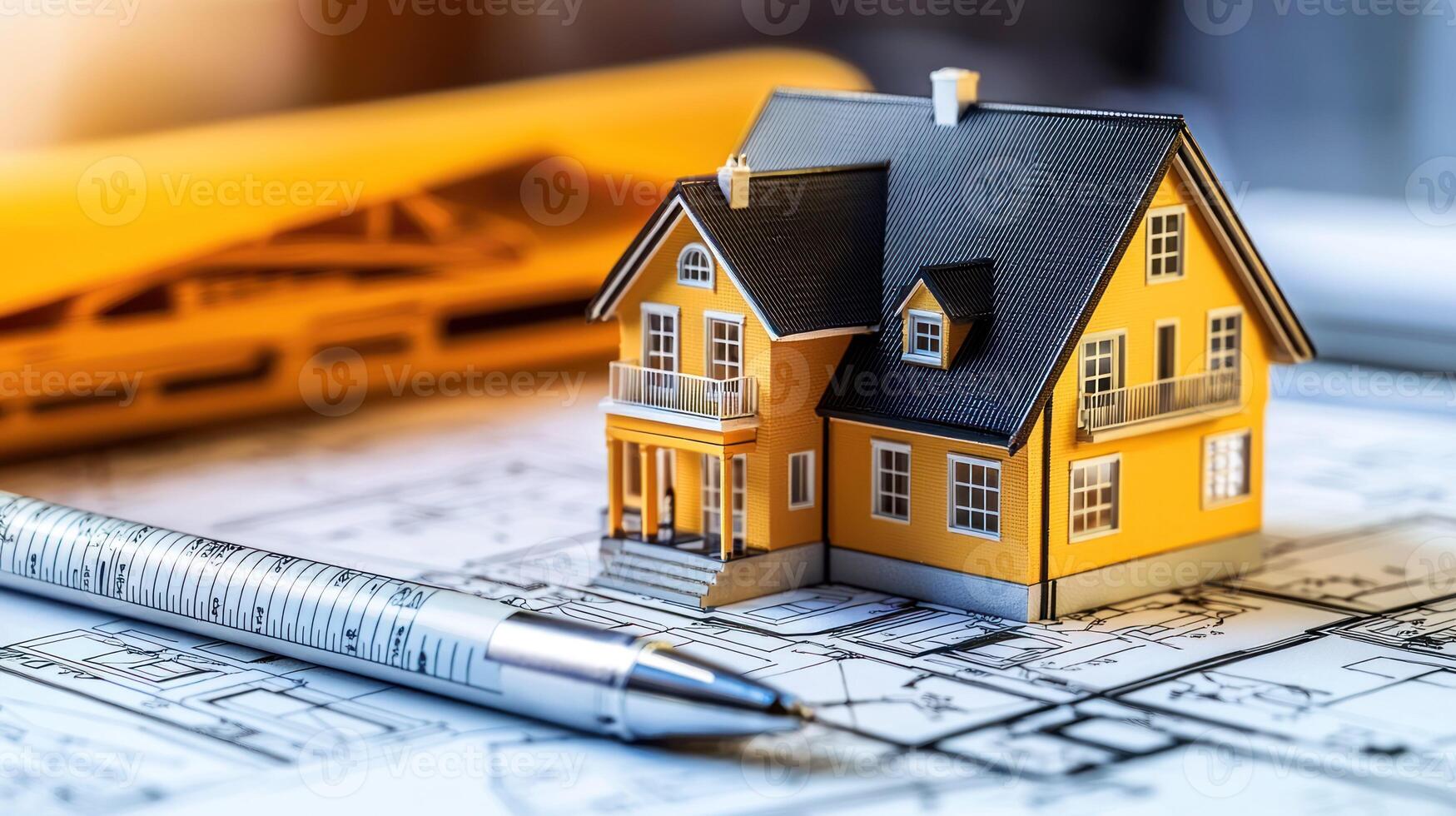 A miniature model of a house with a pen and a ruler on top of architectural plans. photo