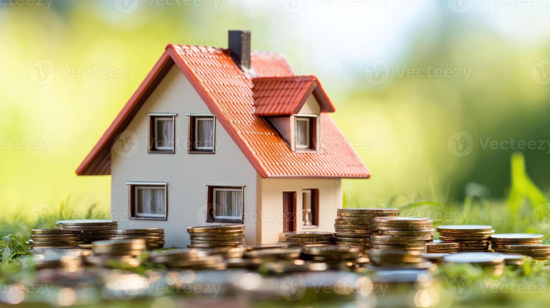 A miniature model house with a red roof and white walls, placed on a green grassy lawn with a blurred background. photo