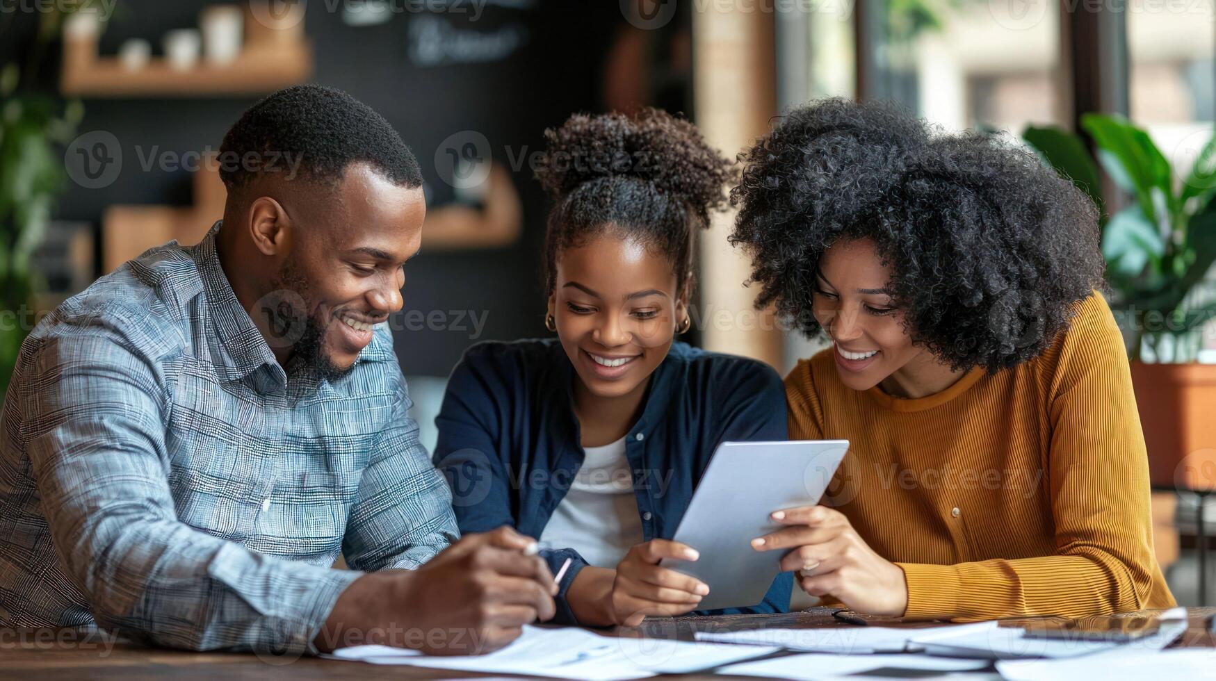 A family of three, consisting of a father, daughter, and mother, sitting at a table with a tablet computer, discussing a financial document. photo