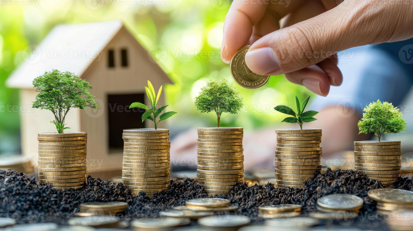 A hand holding a coin over a stack of coins and a small wooden house with trees growing on top of them. photo