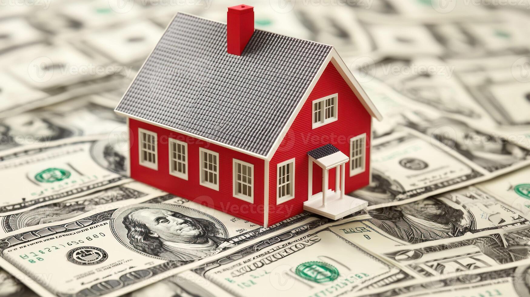 A red and white toy house on a pile of US dollar bills. photo