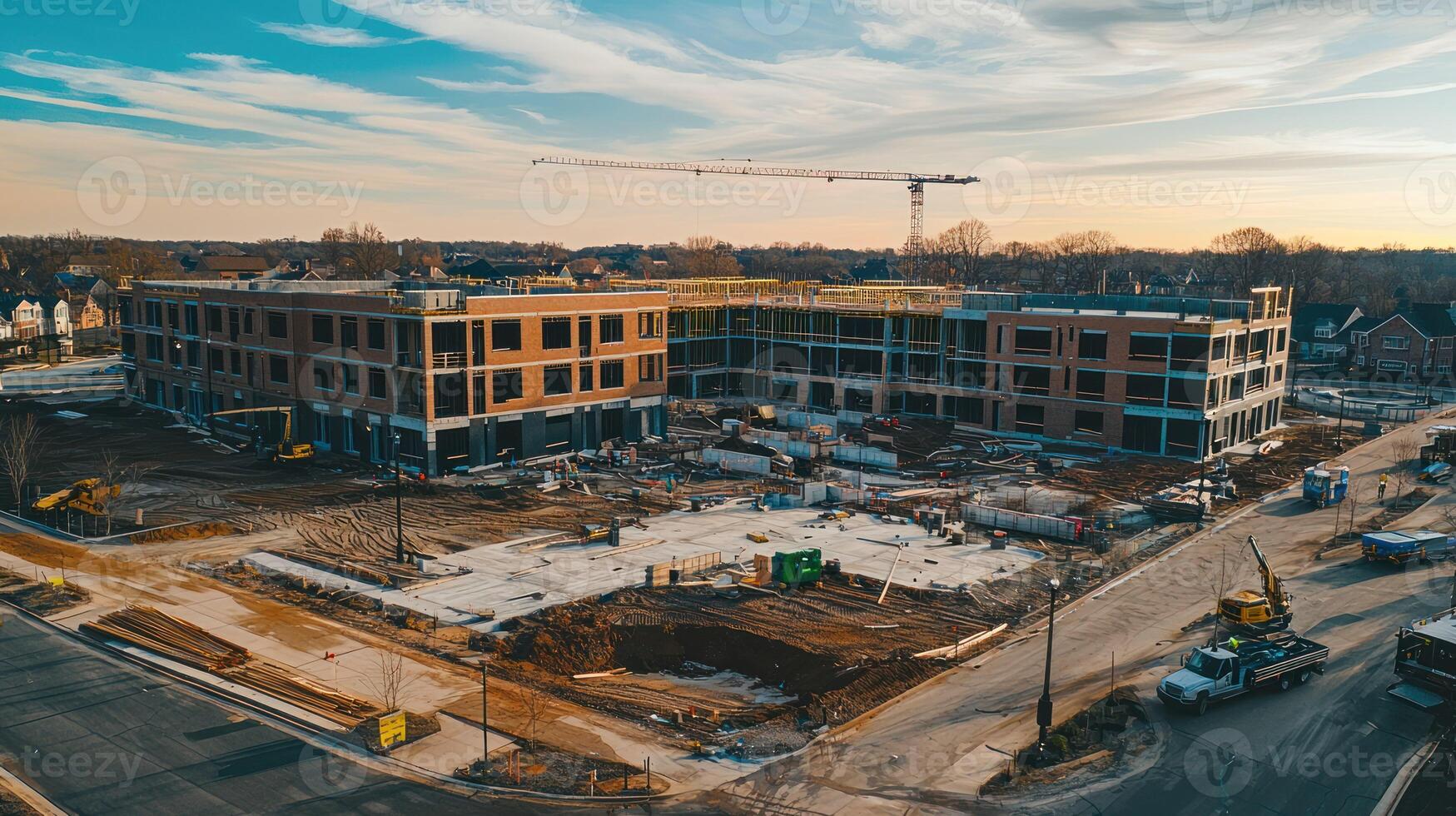 A construction site with a crane and buildings under construction, with a clear blue sky in the background. photo