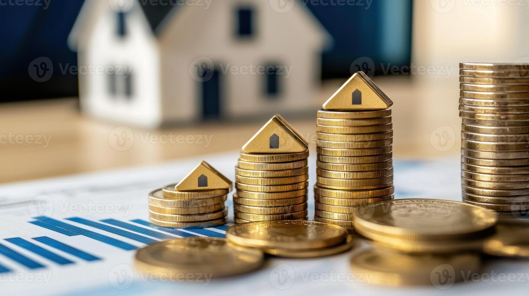 A stack of coins with a house model on a table with a graph in the background. photo