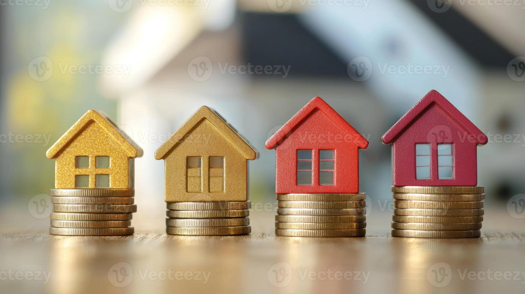 A row of four miniature model houses on top of a stack of coins, with a blurred background of a house and a tree. photo