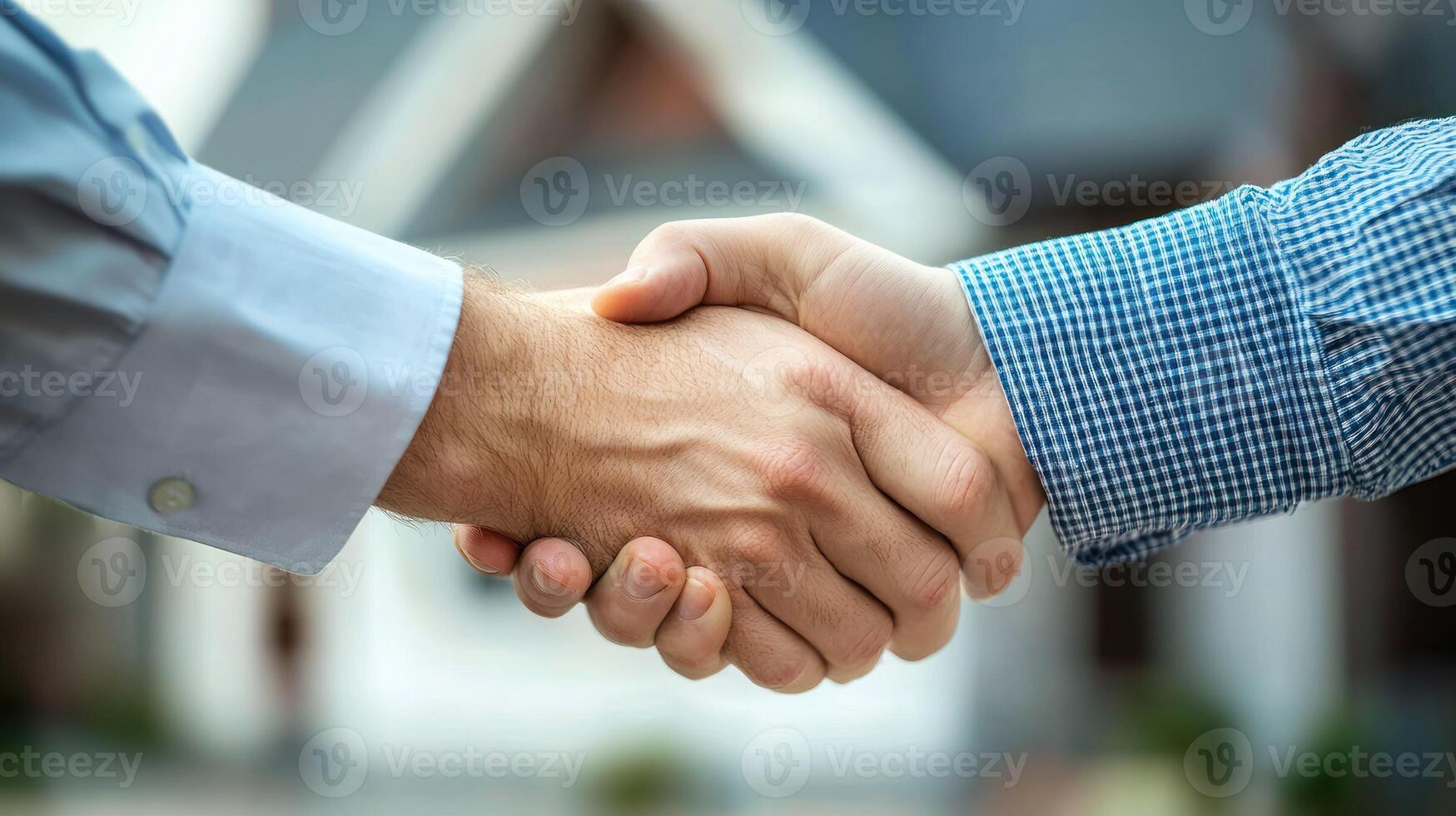 Two men shaking hands in front of a house photo