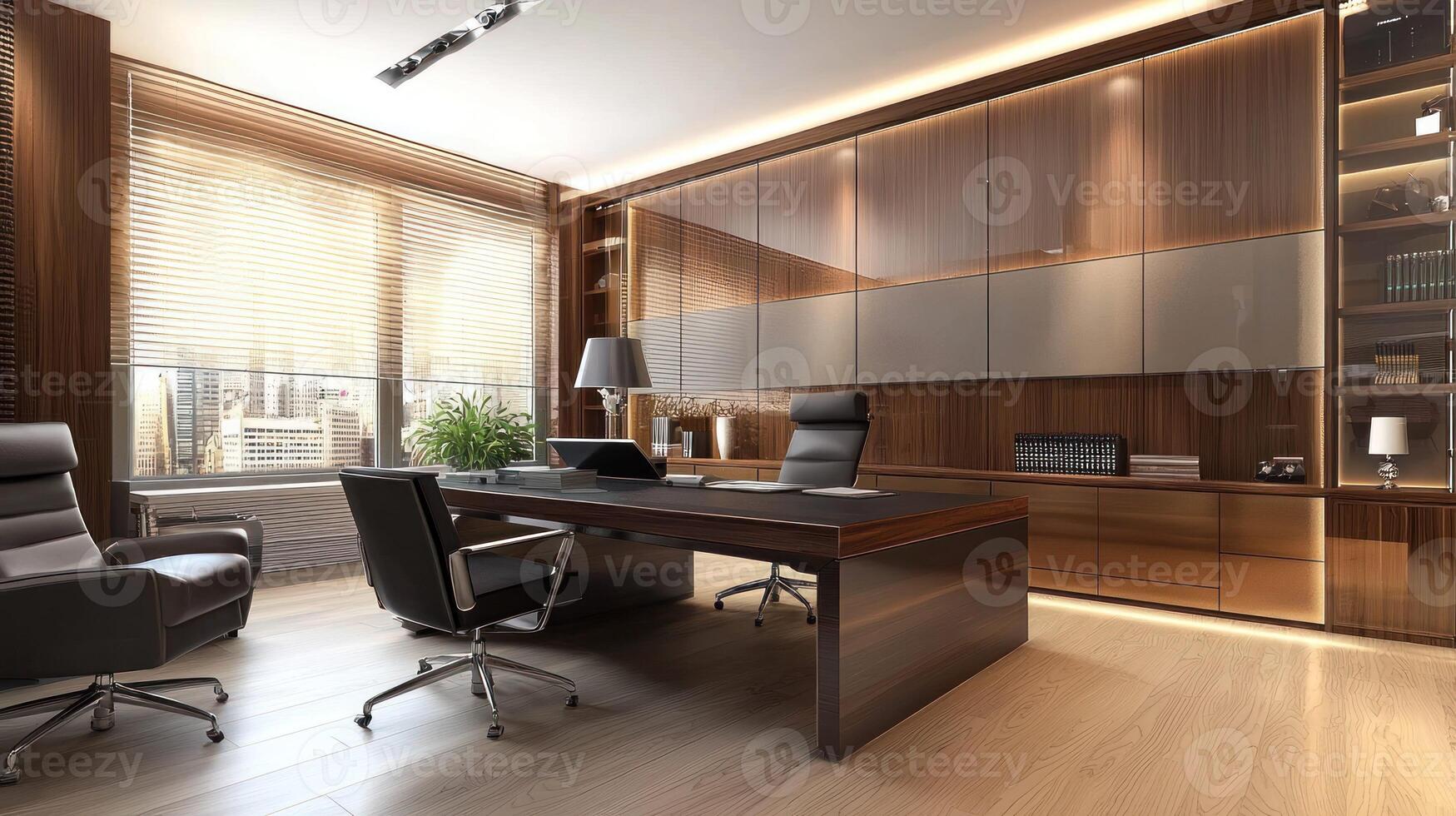 A spacious, modern office with a wooden desk, chairs, and a large window overlooking a city skyline. photo