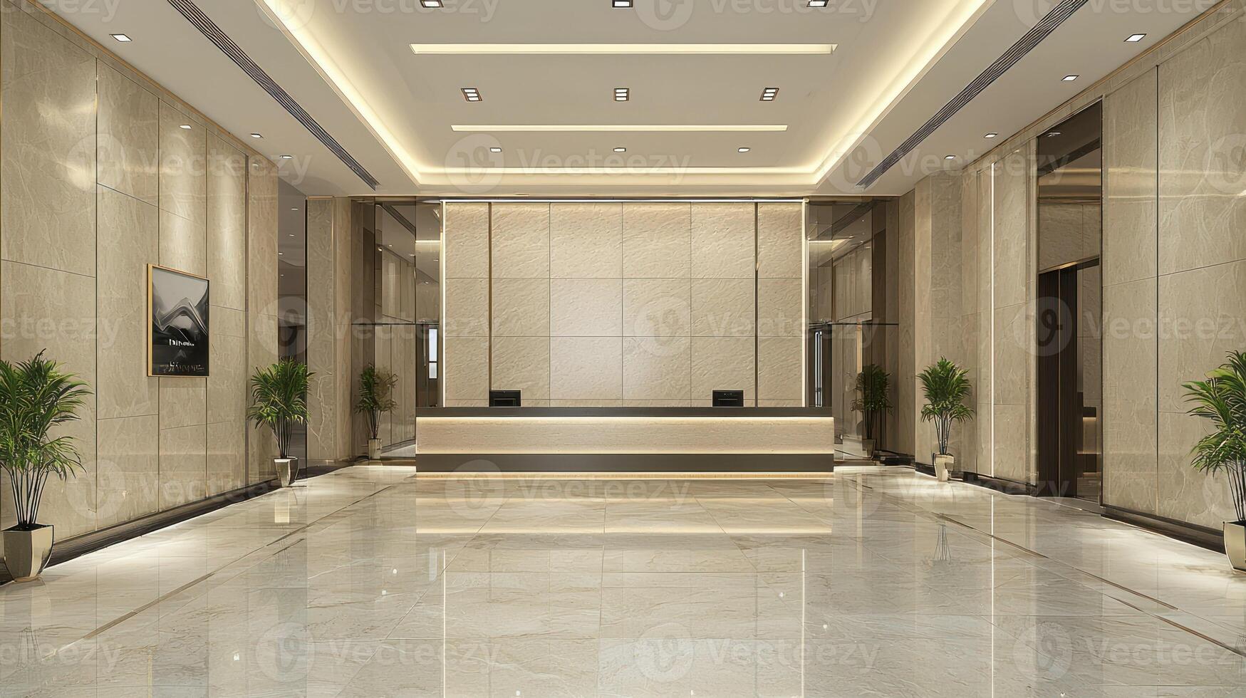 A spacious, modern lobby with a sleek, white marble floor and a large, empty reception desk in the center. photo