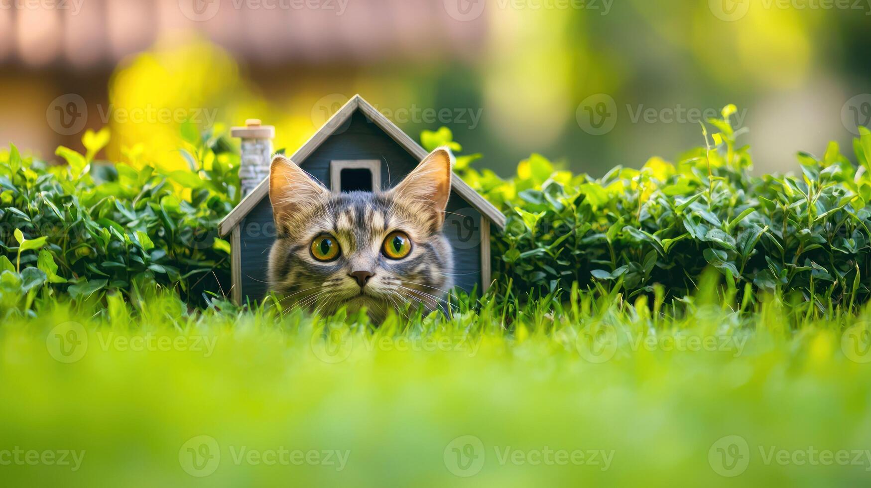 A curious cat with green eyes and a striped coat is peeking out from behind a miniature house, surrounded by lush green grass and bushes in a vibrant garden setting. photo