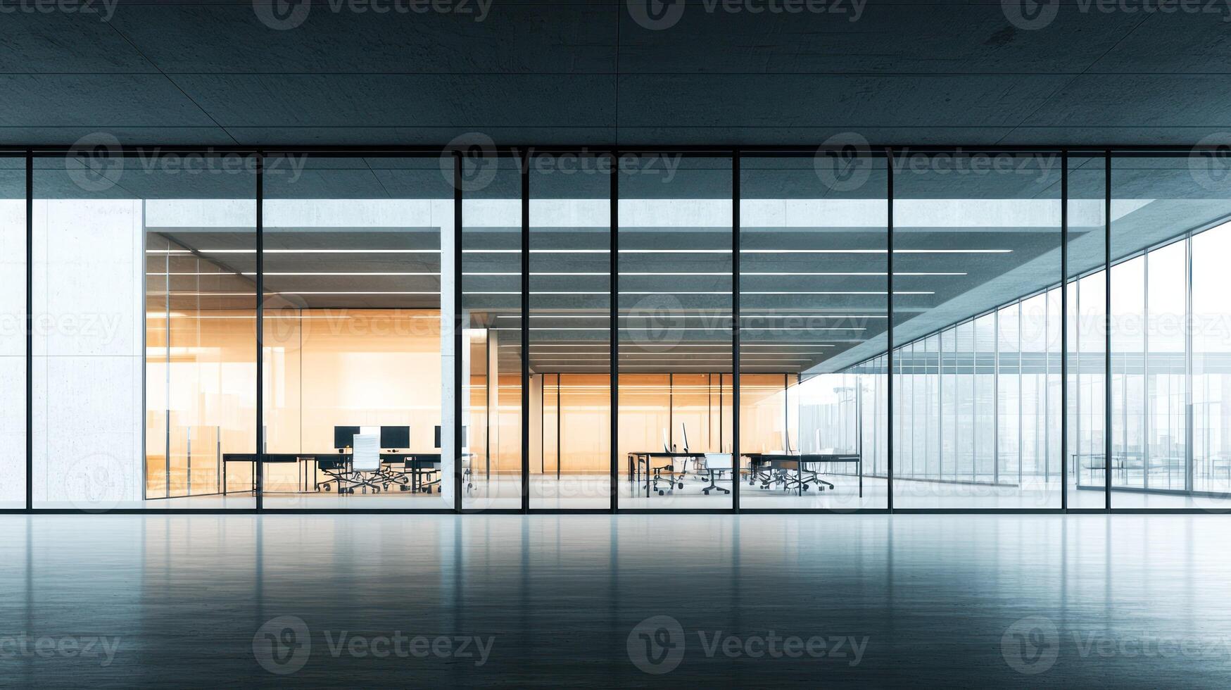 A spacious office with large windows, a clean and modern interior design, and a few desks and chairs. photo