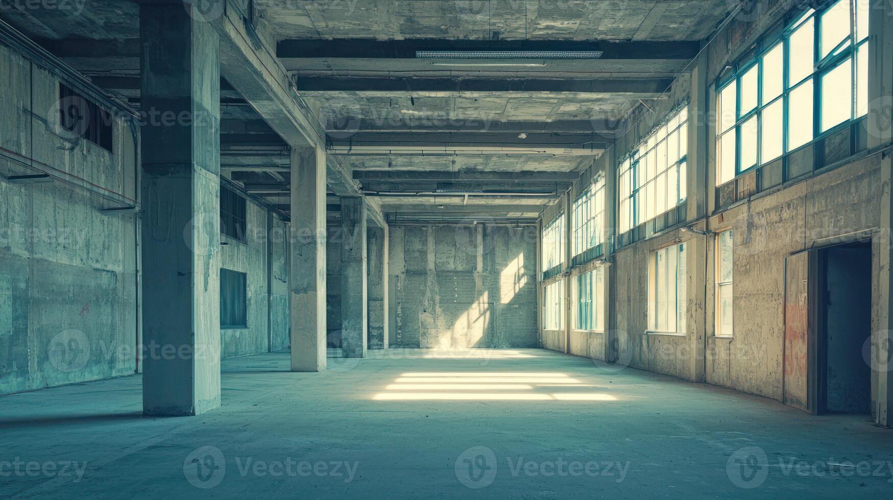 An empty, industrial warehouse with concrete walls and large windows, illuminated by natural light, with a concrete floor and exposed beams in the ceiling. photo