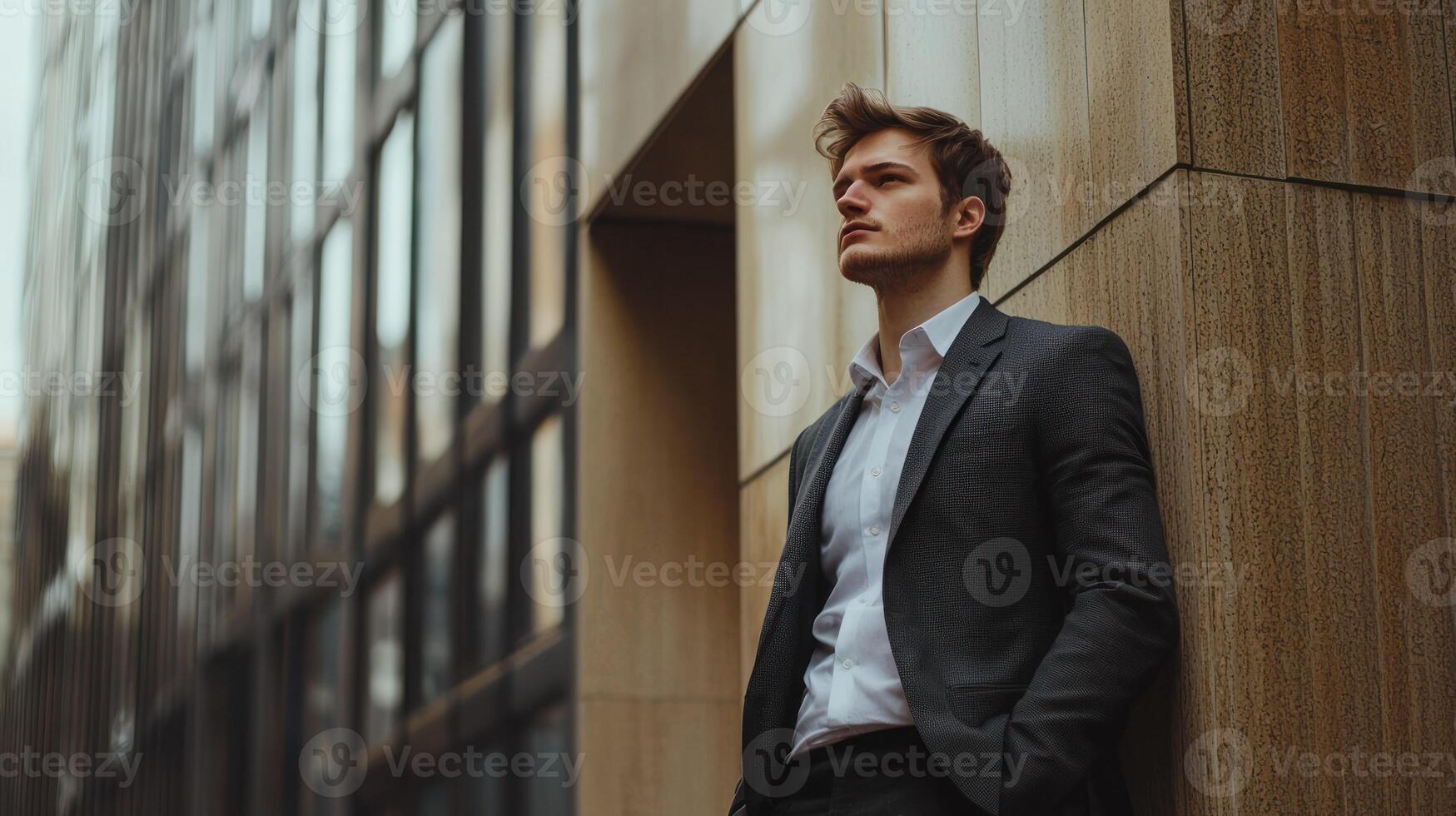 A young man in a suit leaning against a modern building with a serious expression on his face. photo