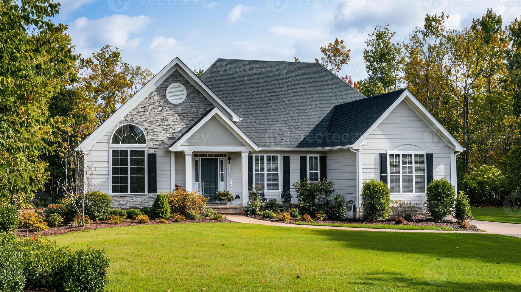 A serene, well-maintained suburban home with a green lawn, white siding, and a gray roof, surrounded by lush green trees and bushes, under a clear blue sky with a few scattered clouds. photo