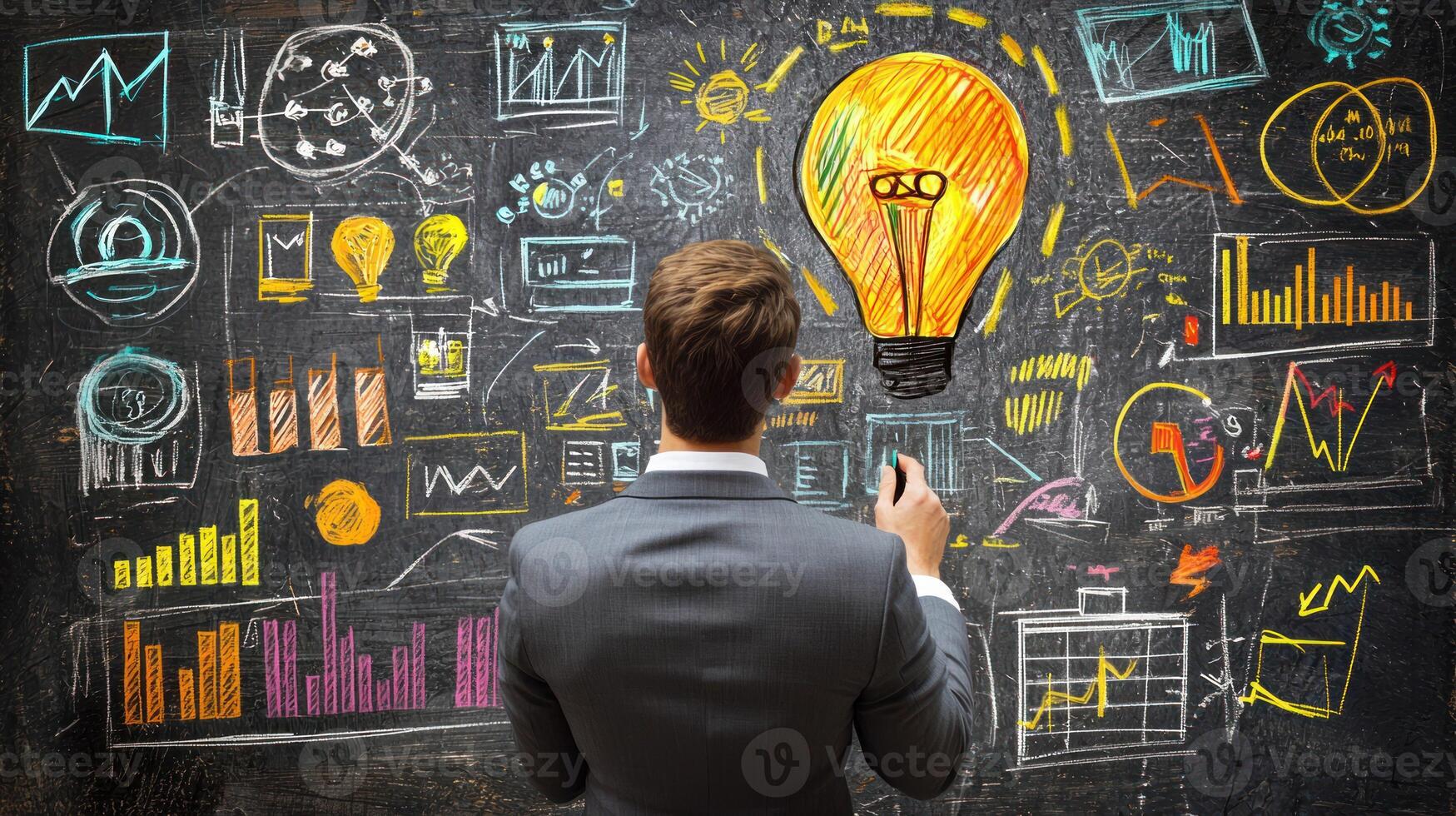 A man in a suit standing in front of a colorful chalkboard with various diagrams and charts, focusing on a light bulb drawing. photo