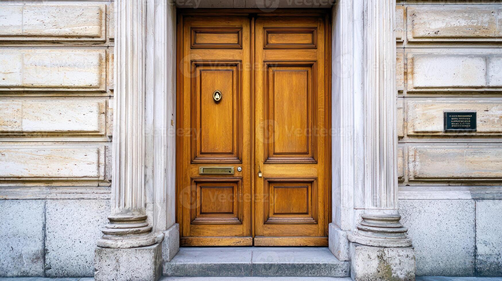 A wooden door with ornate carvings and a doorknob, set against a stone wall with a plaque and a window. photo