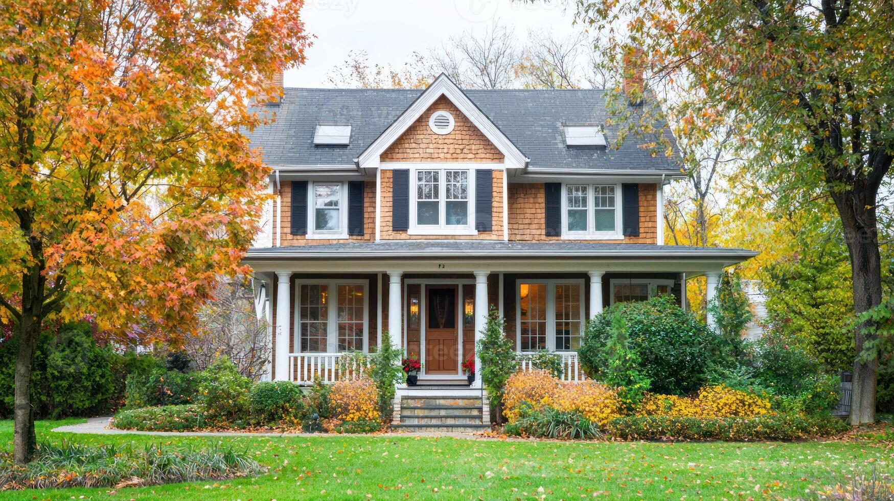 A cozy, two-story house with a green roof and a front porch, surrounded by autumn trees with yellow and orange leaves, and a well-maintained lawn with a neatly trimmed hedge. photo