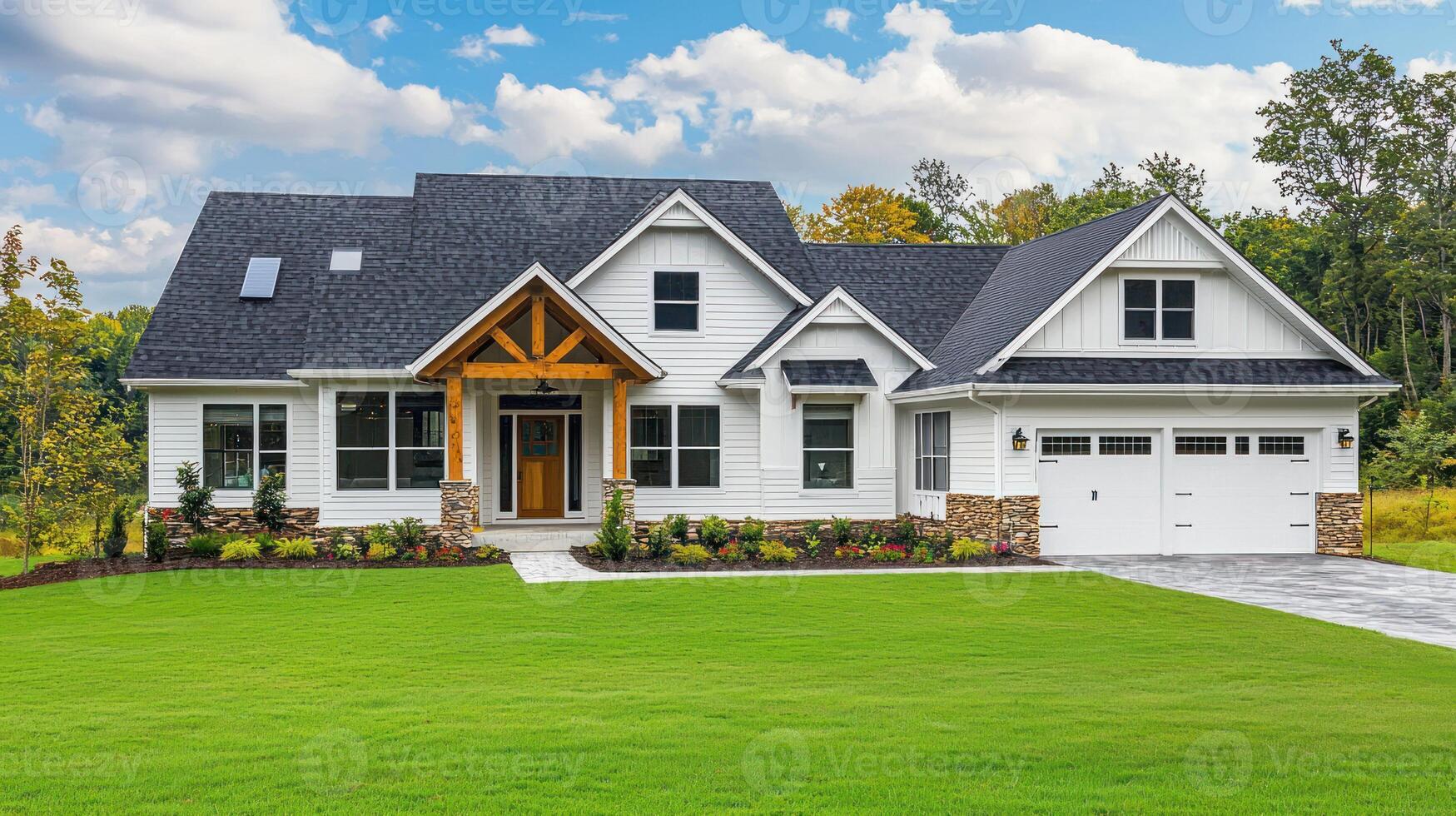 A white and black house with a green lawn in front of it, surrounded by trees and a blue sky with white clouds. photo