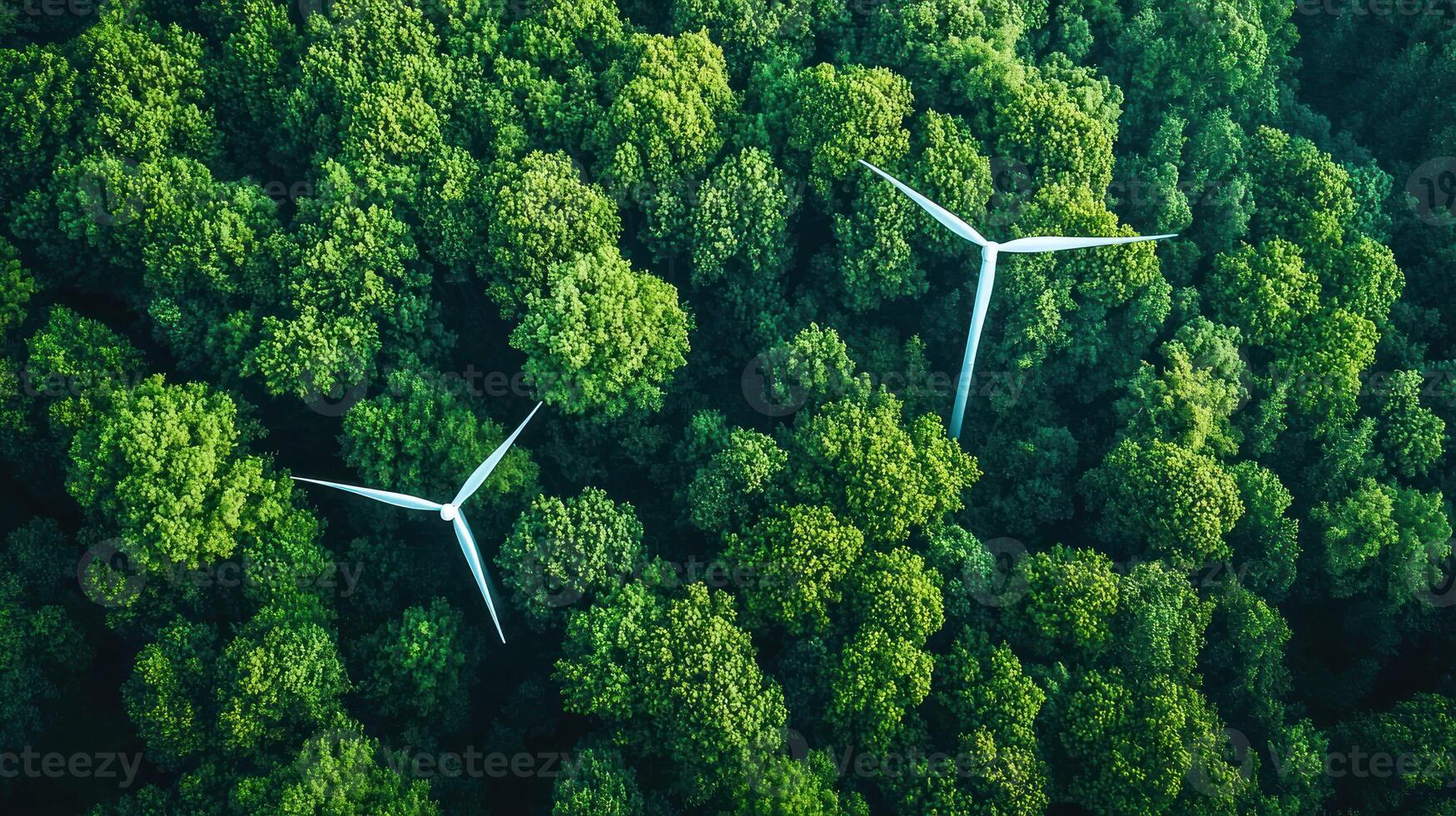 Two wind turbines in a lush green forest, with one slightly ahead of the other, set against a vibrant green canopy of trees. photo