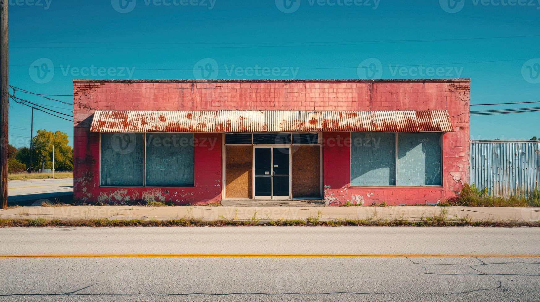 An old, red, abandoned building with boarded-up windows and a rusted metal roof, situated on a street corner with a clear blue sky in the background. photo