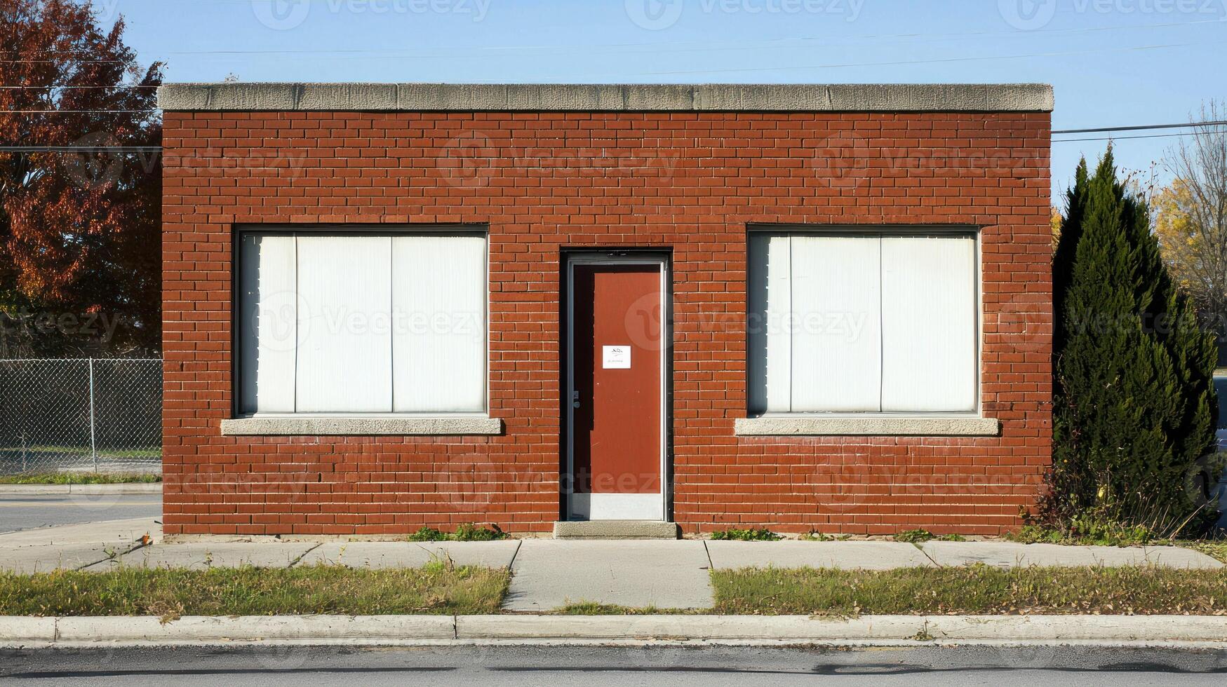 A red brick building with two large windows and a red door, set against a clear blue sky with a few clouds, with a sidewalk in the foreground and a fence and trees in the background. photo