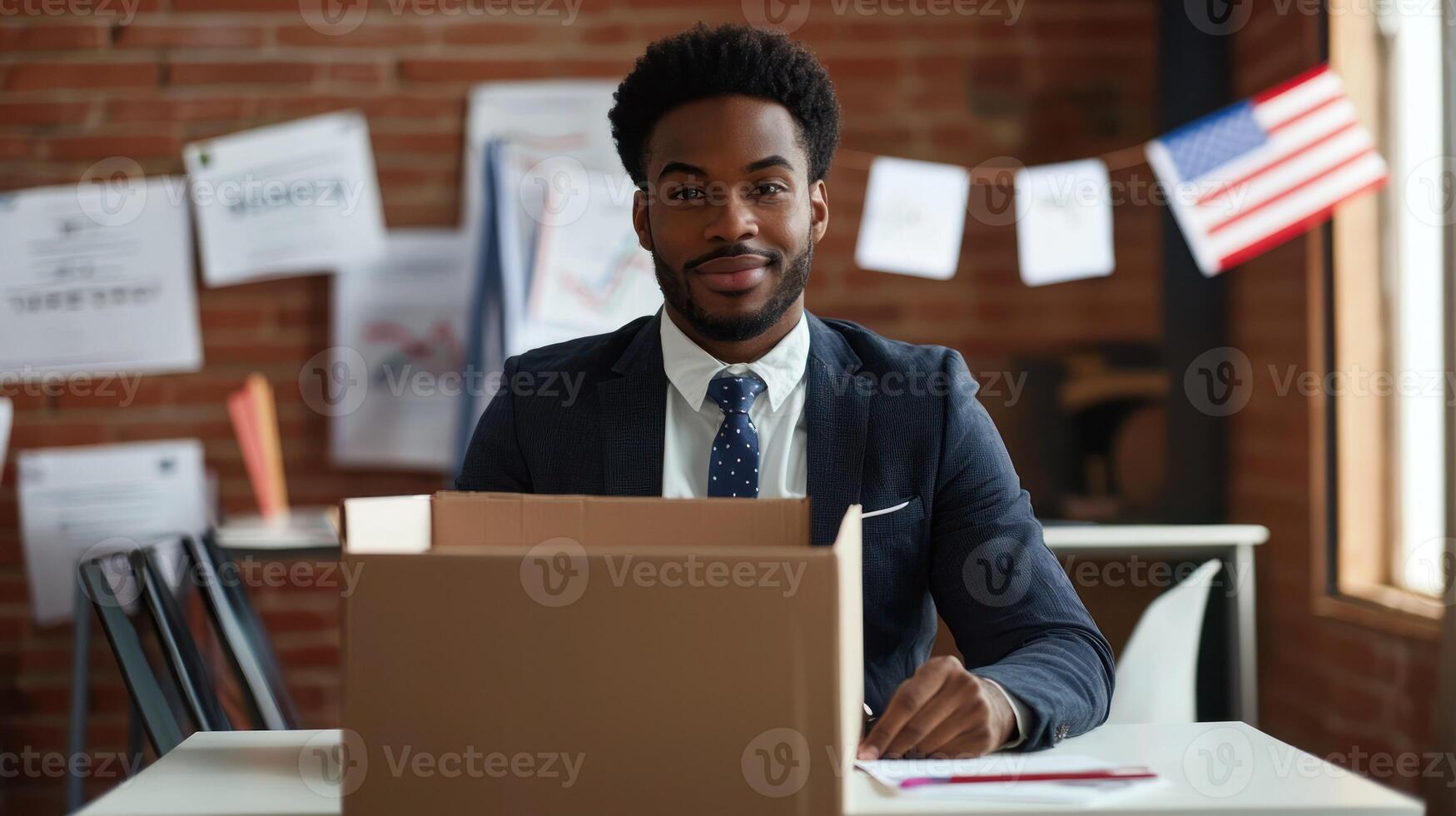 A man in a suit and tie sitting at a desk with a laptop, surrounded by papers and a cardboard box. photo