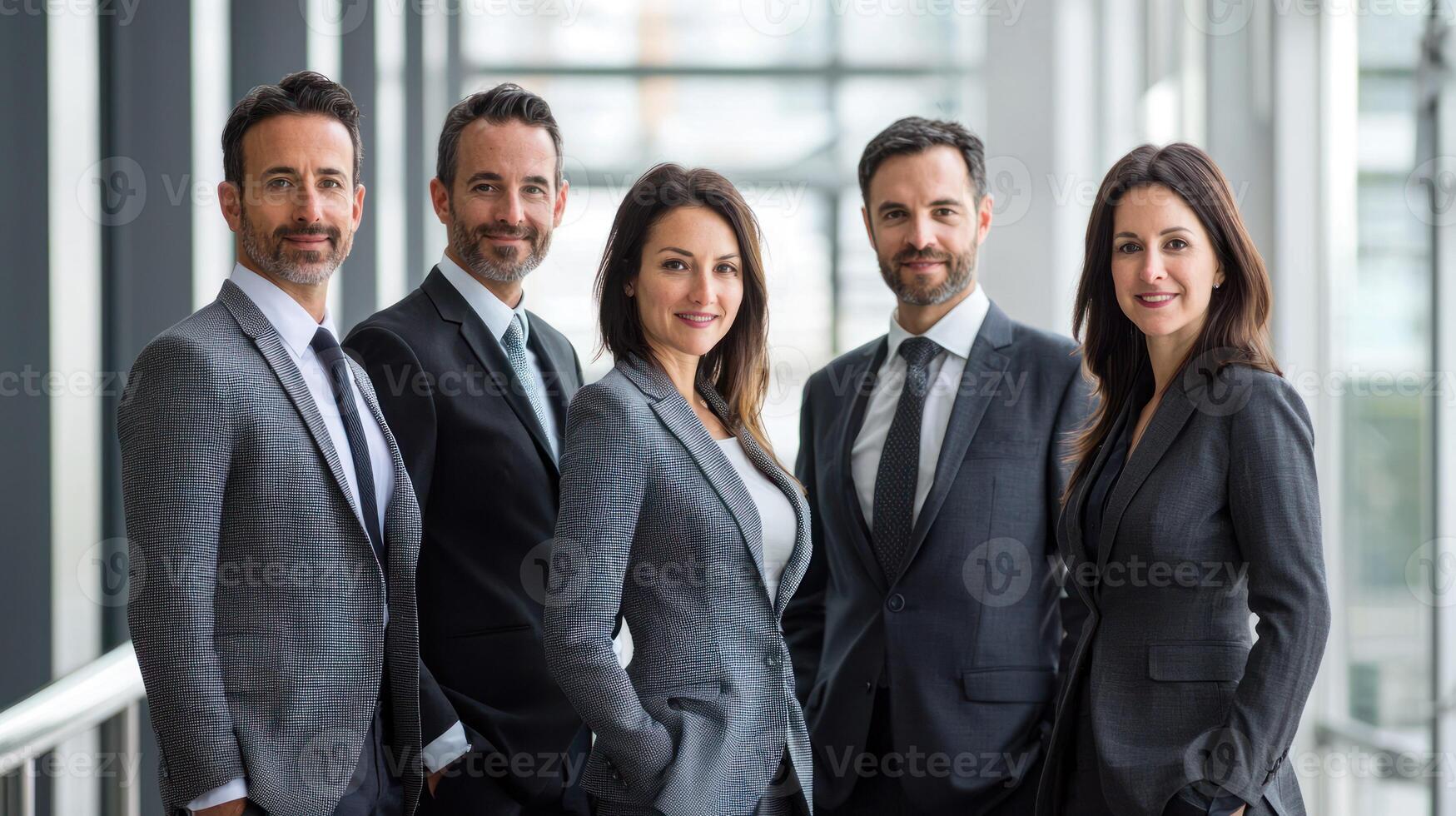 A group of five business professionals standing in a modern office setting, dressed in formal attire. photo