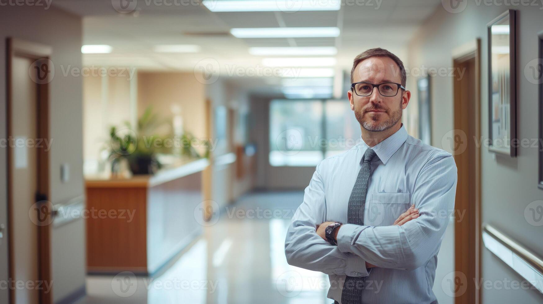 A man in a suit standing in a hallway with his arms crossed. photo