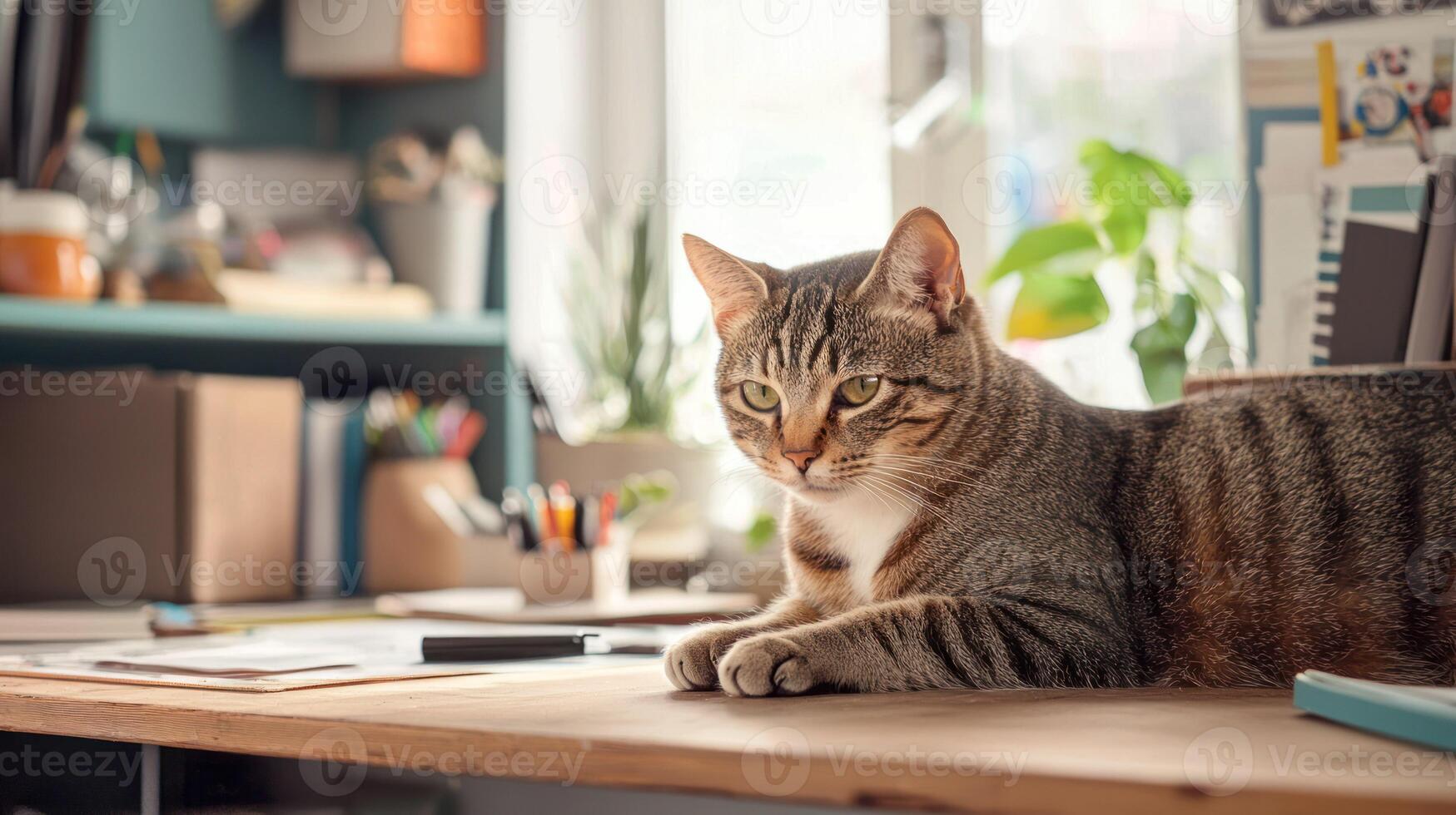 A gray and white cat lounges on a wooden desk in a cluttered office space, with a green plant in the background and a laptop on the right side. photo