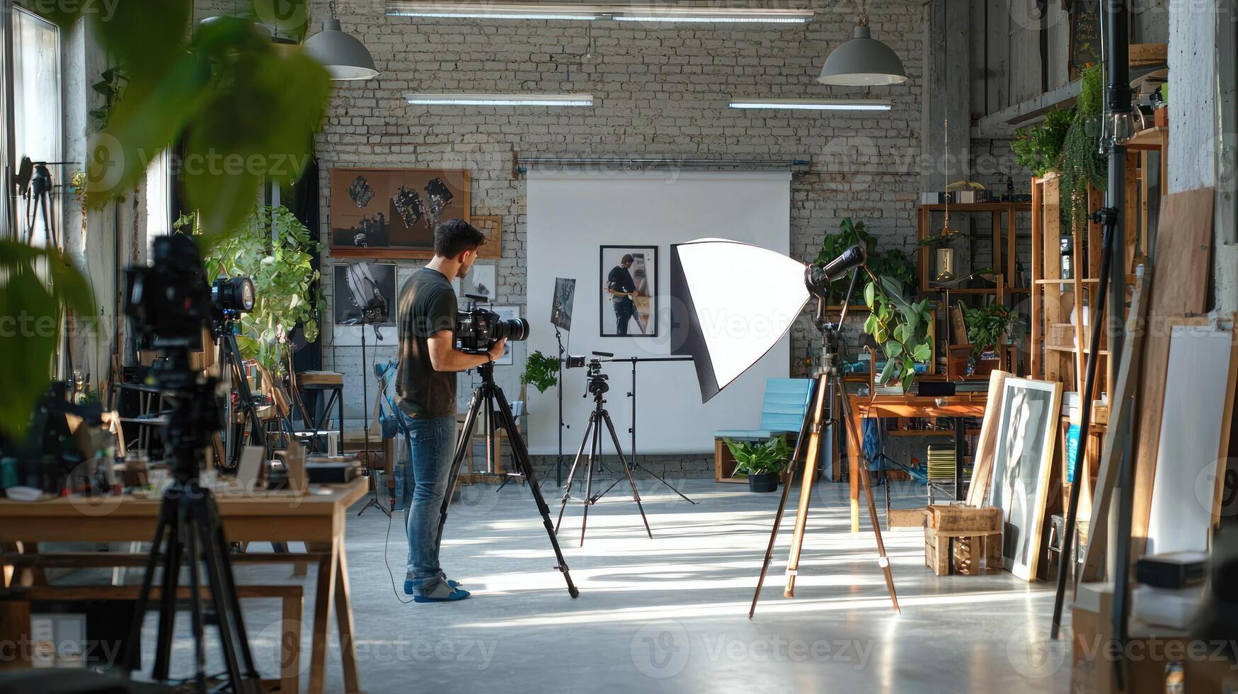 A man standing in a spacious, well-lit room with a brick wall, surrounded by plants and various art pieces, holding a camera and preparing to take a photo. photo