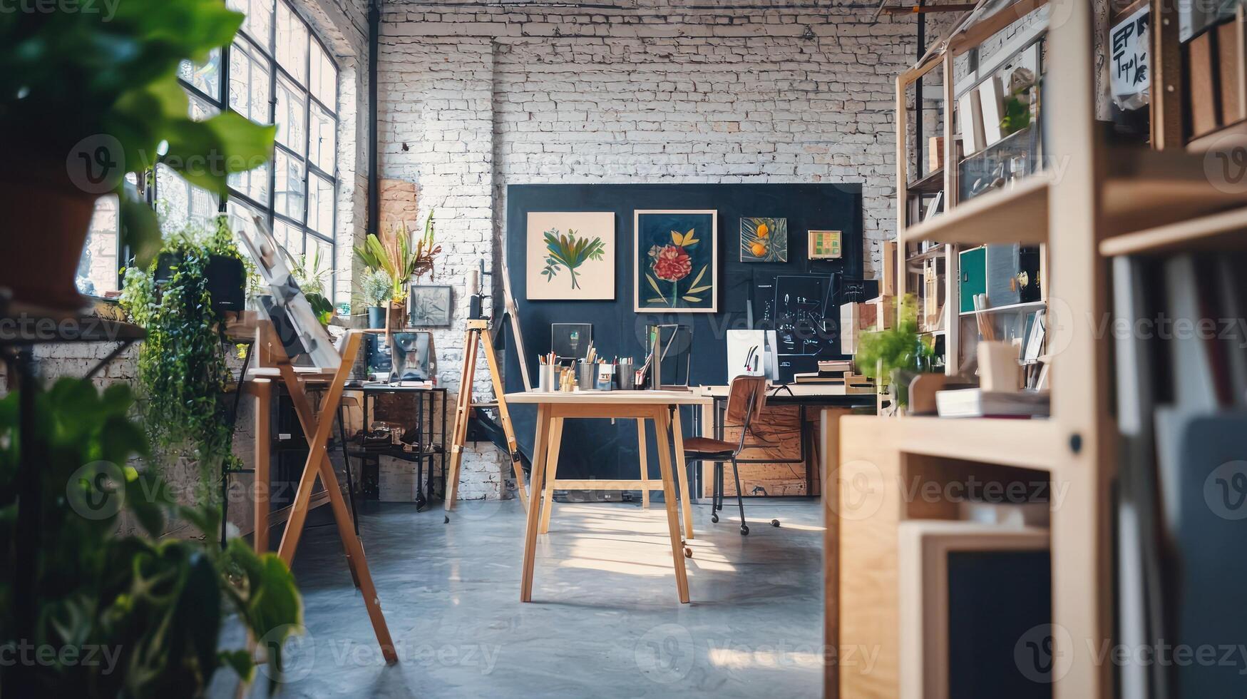 A spacious, well-lit workspace with a blackboard, shelves, and various plants, featuring a wooden desk and chairs, and a variety of artwork and books. photo