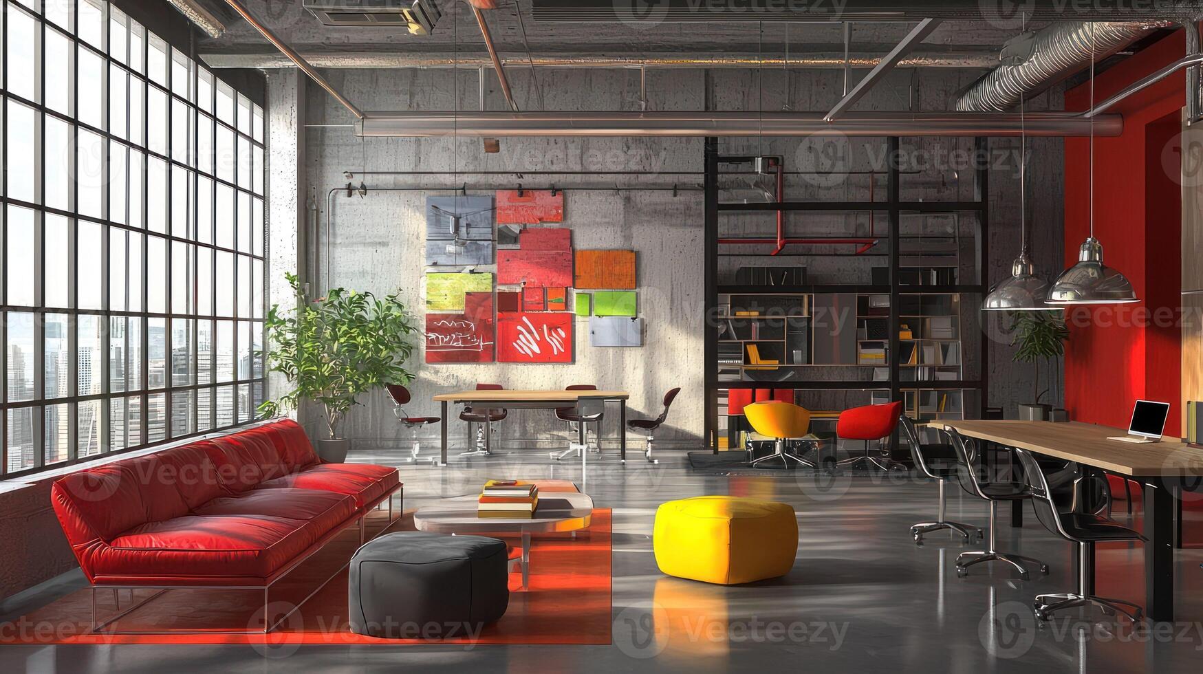 A spacious, industrial-style office with a red and black color scheme, featuring a large window, a red couch, and a black desk with a laptop on it. photo